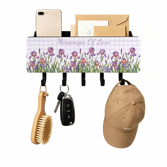 Key Holder for Wall Iris Flowers Key and Mail Holder with Shelf 5 Hooks Storage Key Organizer Rack Floral Purple Buffalo Plaid Wood Wall Key Hanger for Entryway Hallway Kitchen Office Home Decor