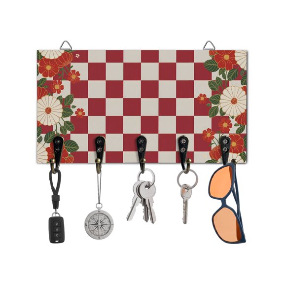 Key Holder for Wall Japanese Style Flowers Key Hooks Wood Wall Mounted Key Holder Harmony Red Buffalo Plaid Key Rack Organizer with 5 Hooks for Entryway, Hallway Office Bathroom Kitchen Home Decor