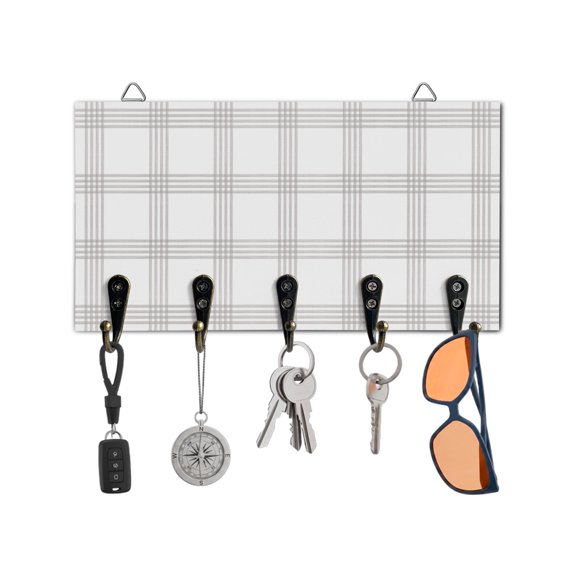 Key Holder for Wall Khaki Stripes Key Hooks Wood Wall Mounted Key Holder Striped Buffalo Checked Plaid Key Rack Organizer with 5 Hooks for Entryway, Hallway Office Bathroom Kitchen Home Decor