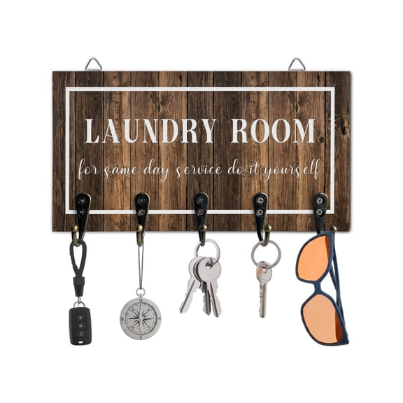 Key Holder for Wall Laundry Room Key Hooks Wood Wall Mounted Key Holder Wood Grain Do It Yourself Key Rack Organizer with 5 Hooks for Entryway, Hallway Office Bathroom Kitchen Home Decor