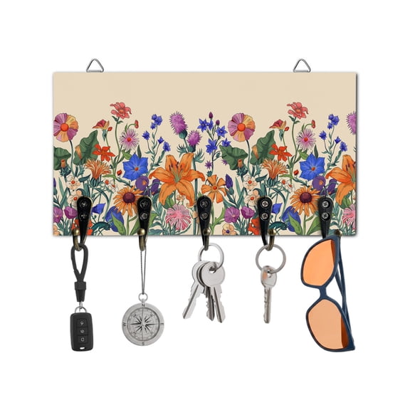 Key Holder for Wall Lavender Flower Key Hooks Wood Wall Mounted Key Holder Colorful Flower Plant Beige Key Rack Organizer with 5 Hooks for Entryway, Hallway Office Bathroom Kitchen Home Decor