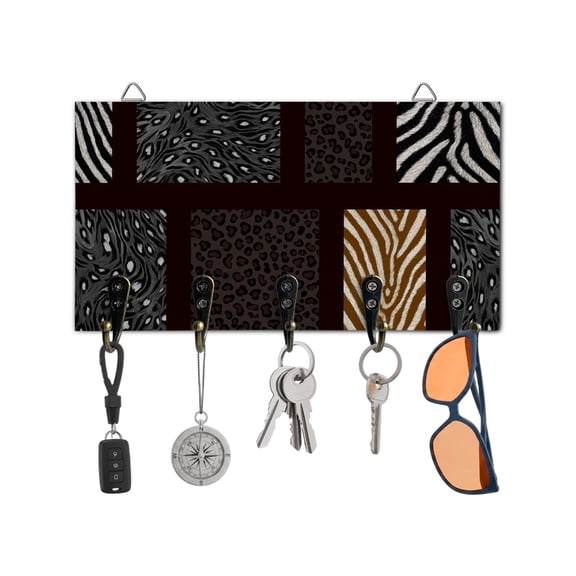 Key Holder for Wall Leopard Zebra Print Key Hooks Wood Wall Mounted Key Holder Animal Fur Stripes Key Rack Organizer with 5 Hooks for Entryway, Hallway Office Bathroom Kitchen Home Decor