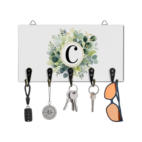 Key Holder for Wall Letter C Key Hooks Wood Wall Mounted Key Holder Alphabet Green Eucalyptus Leaves Key Rack Organizer with 5 Hooks for Entryway, Hallway Office Bathroom Kitchen Home Decor