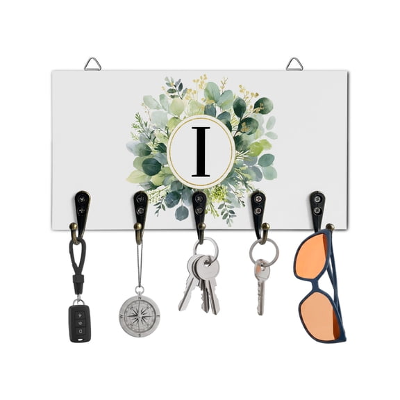 Key Holder for Wall Letter I Key Hooks Wood Wall Mounted Key Holder Alphabet Green Eucalyptus Leaves Key Rack Organizer with 5 Hooks for Entryway, Hallway Office Bathroom Kitchen Home Decor