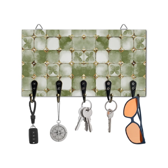 Key Holder for Wall Light Green Floral Leaves Key Hooks Wood Wall Mounted Key Holder Ethnic Style Lattice Key Rack Organizer with 5 Hooks for Entryway, Hallway Office Bathroom Kitchen Home Decor