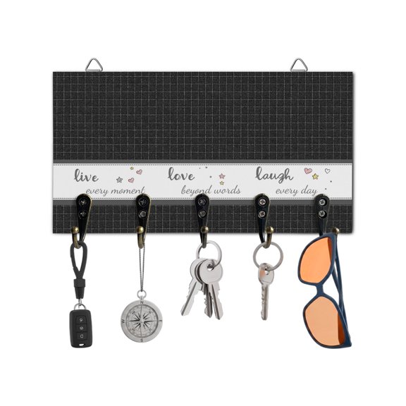 Key Holder for Wall Live Love Laugh Key Hooks Wood Wall Mounted Key Holder Black Buffalo Plaid Key Rack Organizer with 5 Hooks for Entryway, Hallway Office Bathroom Kitchen Home Decor