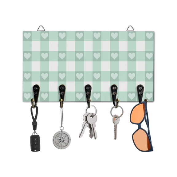 Key Holder for Wall Love Buffalo Plaid Key Hooks Wood Wall Mounted Key Holder Green Check Stripes Key Rack Organizer with 5 Hooks for Entryway, Hallway Office Bathroom Kitchen Home Decor