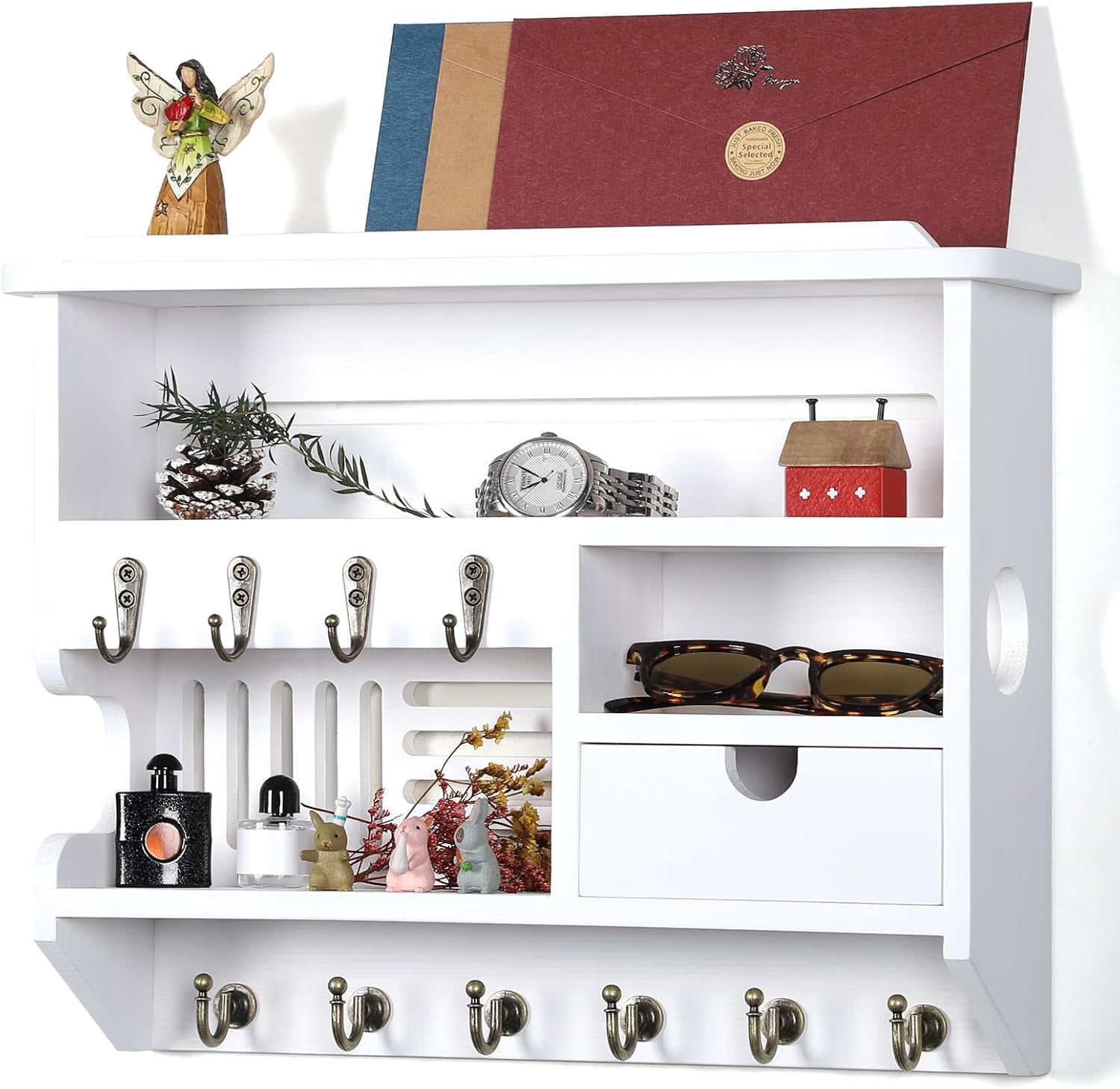 Key Holder for Wall, Mail and Key Holder, Mail Organizer Wall Mount with Storage Drawer and 10 Hooks, Easy Installation Key Holder for Home Decor, White