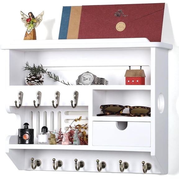 Key Holder for Wall, Mail and Key Holder, Mail Organizer Wall Mount with Storage Drawer and 10 Hooks, Easy Installation Key Holder for Home Decor, White