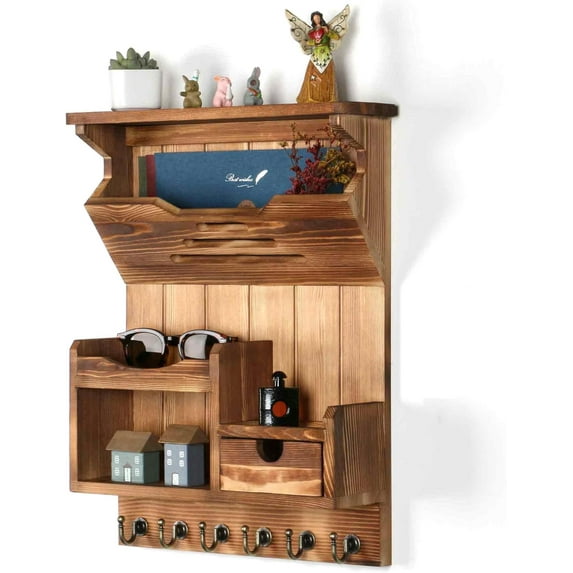 Key Holder for Wall, Mail and Key Holder, Mail Organizer Wall Mount with Storage Drawer and 6 Hooks, Easy Installation Key Rack for Entryway and Home Decor, Brown