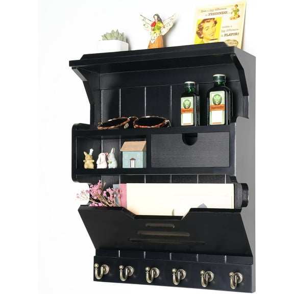 Wall Mail Organizer with Storage Drawer and 6 Hooks, Easy Install Key Rack for Entryway and Home Decor, Luxury Black