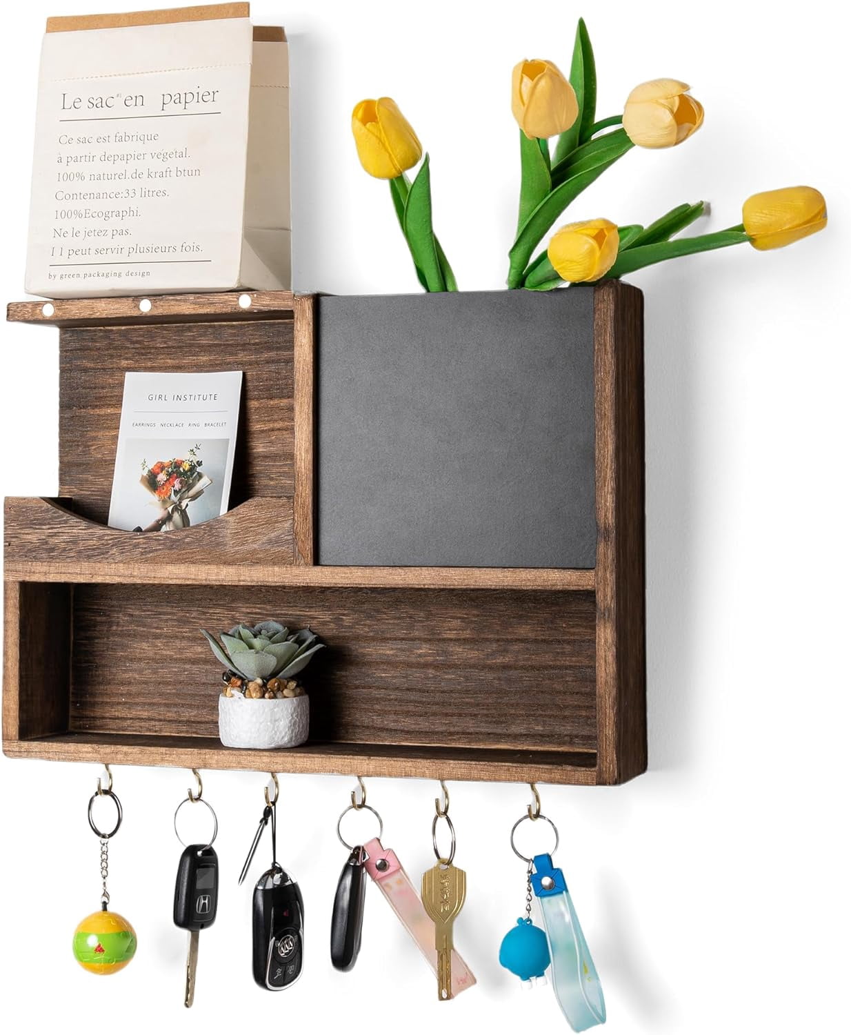 Oumilen Rustic Green Mail Holder Wall Mounted Mail Organizer with Tags and 3-Double Key Hooks Home Decor