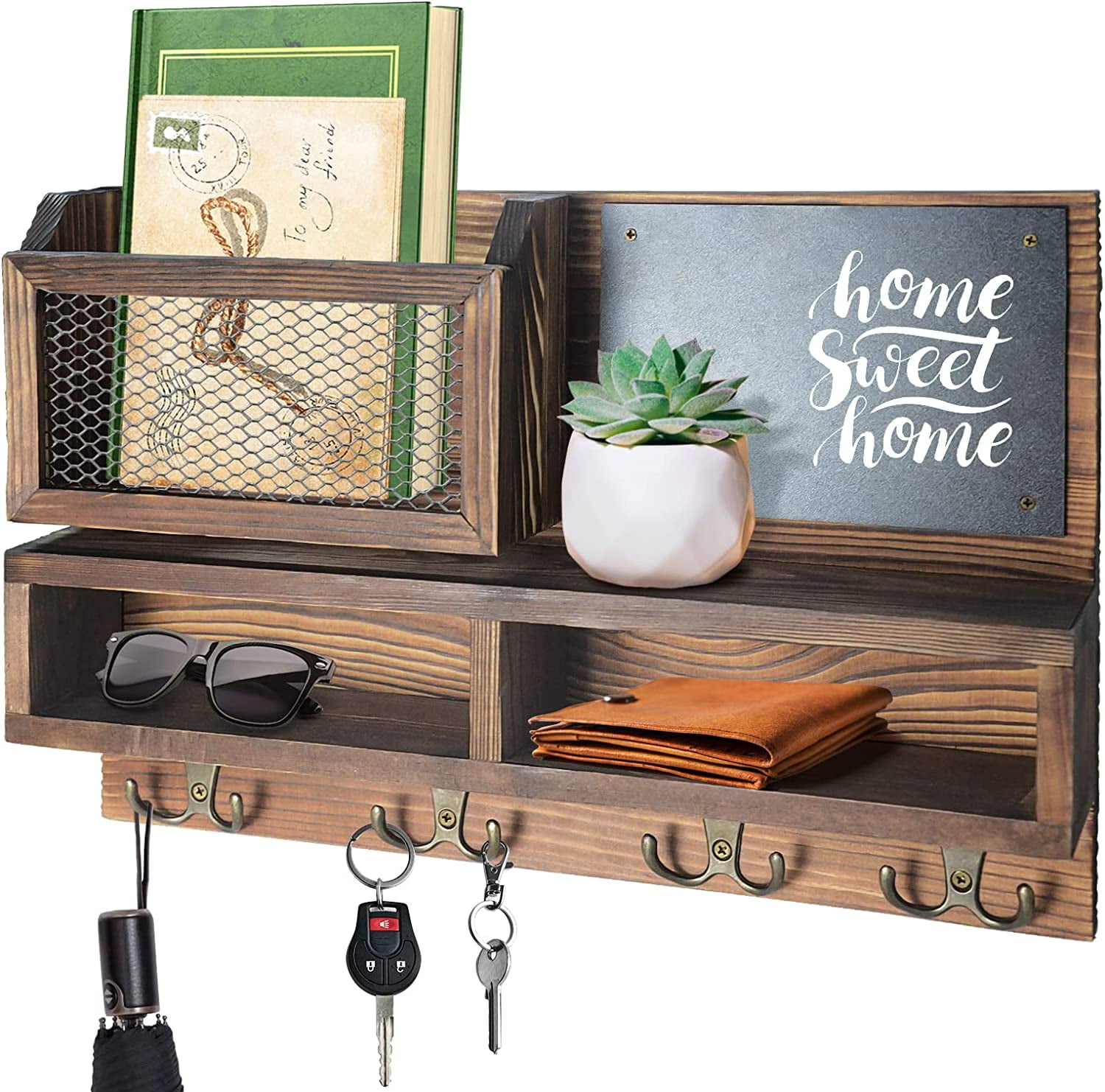 Key Holder for Wall Mail Organizer Wall Mount with Key Hooks and Wallet Holder Sunglasses Storage and Dog Leash Holder Wall Decorative with 4 Double Hooks and Chalkboard Walmart