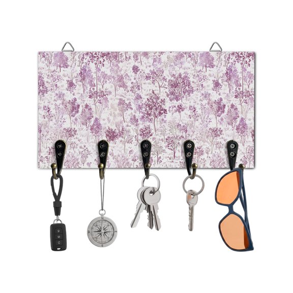 Key Holder for Wall Maple Tree Pine Key Hooks Wood Wall Mounted Key Holder Watercolor Plants Purple Key Rack Organizer with 5 Hooks for Entryway, Hallway Office Bathroom Kitchen Home Decor
