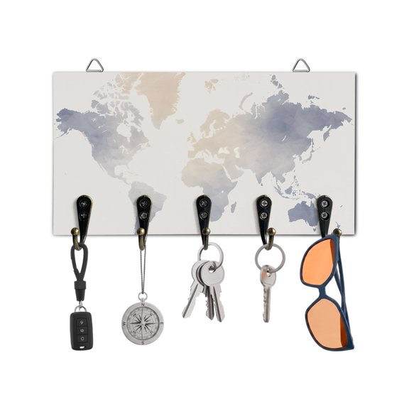 Key Holder for Wall Maps Of The World Key Hooks Wood Wall Mounted Key Holder Earth Tourism Key Rack Organizer with 5 Hooks for Entryway, Hallway Office Bathroom Kitchen Home Decor