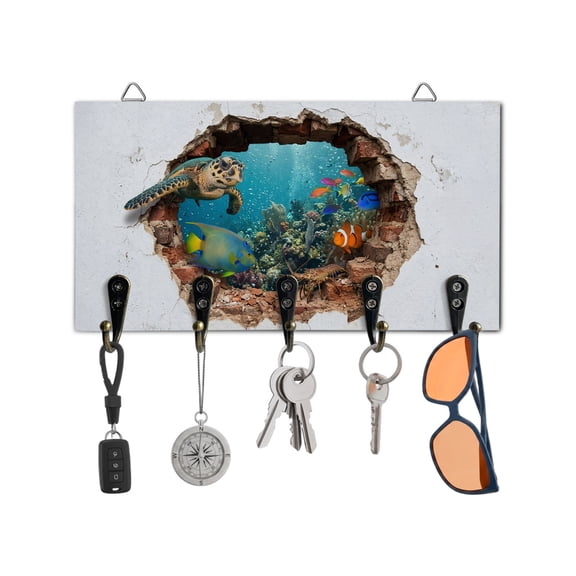 Key Holder for Wall Marine Life Key Hooks Wood Wall Mounted Key Holder Broken Wall Tropical Fish Turtle Key Rack Organizer with 5 Hooks for Entryway, Hallway Office Bathroom Kitchen Home Decor