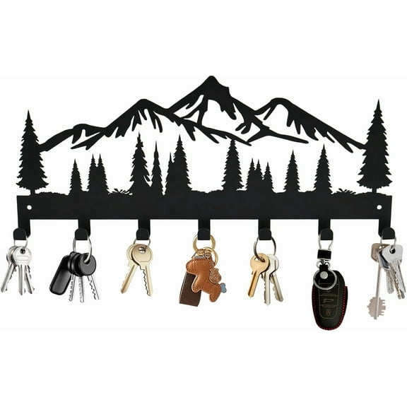 Key Holder for Wall, Metal Wall Hooks Organizer Rack with 7 Hooks for Keys, Coats, Bags  Decorative Home Decor for Entryway, Hallway, Kitchen, Living Room (12 Inches, Mountain)