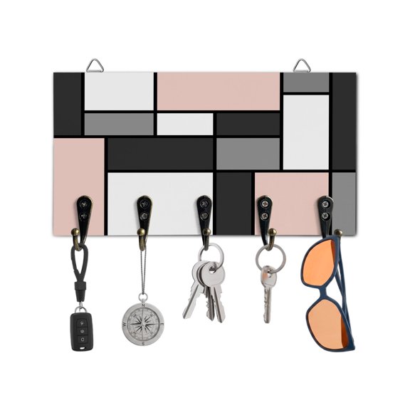 Key Holder for Wall Modern Geometric Splicing Key Hooks Wood Wall Mounted Key Holder Abstract Pink Blocks Key Rack Organizer with 5 Hooks for Entryway, Hallway Office Bathroom Kitchen Home Decor
