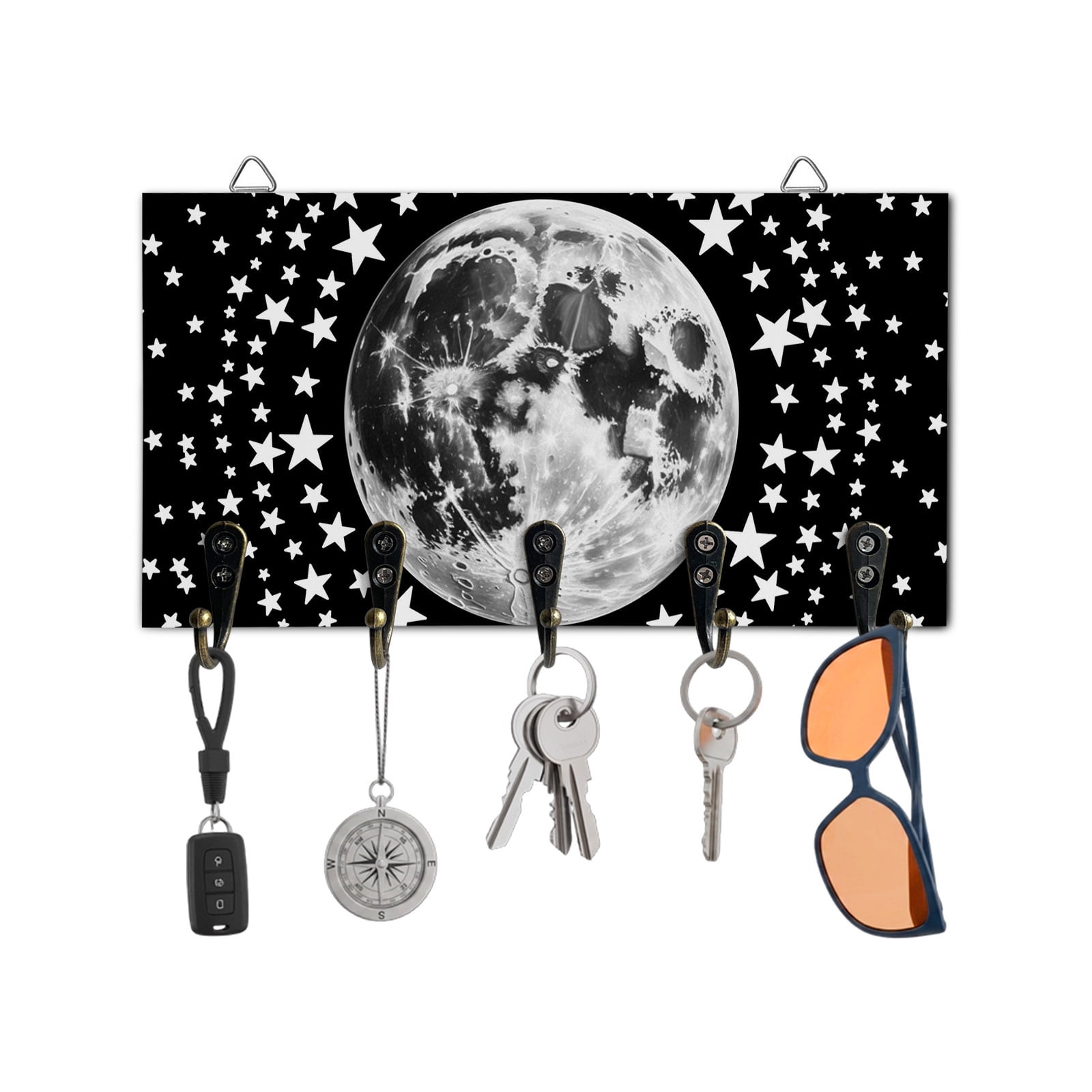 Key Holder for Wall Moon Star Cluster Key Hooks Wood Wall Mounted Key ...