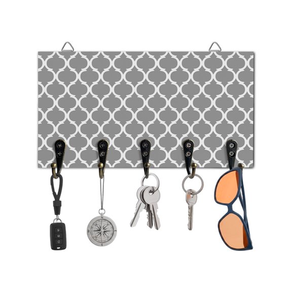 Key Holder for Wall Moroccan Lattice Key Hooks Wood Wall Mounted Key Holder Grey Geometric Classic Key Rack Organizer with 5 Hooks for Entryway, Hallway Office Bathroom Kitchen Home Decor