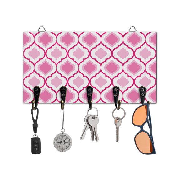 Key Holder for Wall Moroccan Pattern Key Hooks Wood Wall Mounted Key Holder Geometric Trellis Pink Key Rack Organizer with 5 Hooks for Entryway, Hallway Office Bathroom Kitchen Home Decor