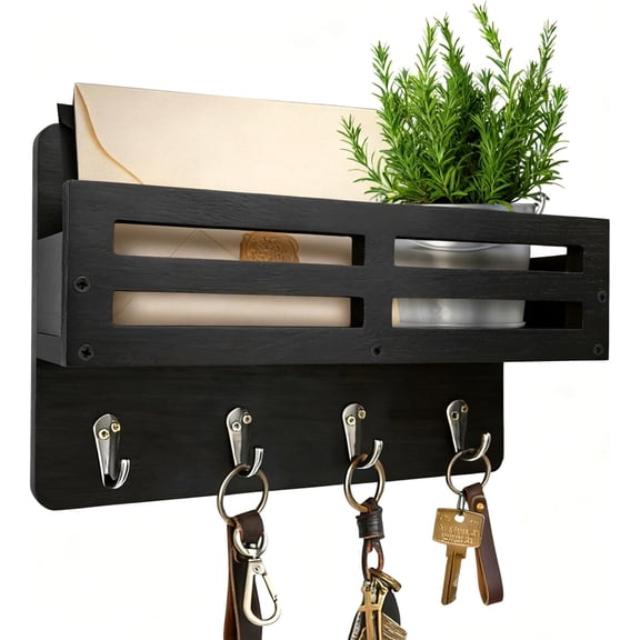 Key Holder Wall Mount, 10 inch Decorative Key and Mail Holder for Wall, with Mail Organizer & 4 Key Hooks, Rustic Wooden Key Rack for Hanging Dog Leash Sunglasses, Entryway Key Hanger, Black