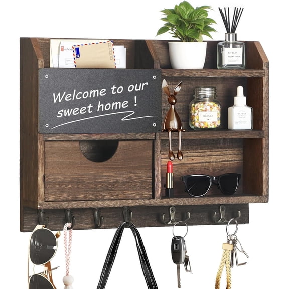 Key Holder Wall Mount, 14.5 x 11.2 x 3.5 inch 3-Tier Shelf with 8 Hooks and Drawer Storage, Wooden Key and Mail Holder, Black