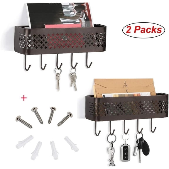 Key Holder Wall Mount, 2 Packs Metal Mail Organizer with 5 Hooks, Decorative Entryway Key Rack with Shelf, Wall Mounted Key Hanger with Hardware for Home, Living Room, RV Camper (Bronze)