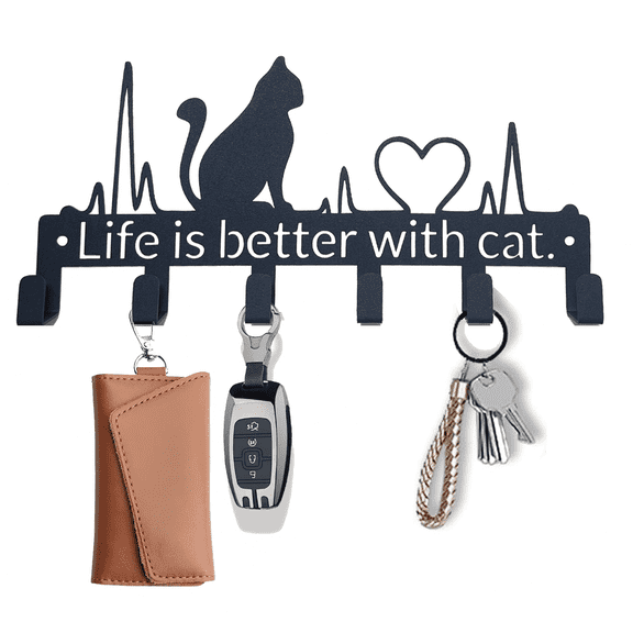 Msimplism.D Key Holder Wall Mount with 6 Hooks, Cute Cat Black Metal Key Rack Organizer for Entryway, Kitchen - Rustproof, Waterproof - Easy Installation,Gift for New Homeowners - 9.8inch/25cm
