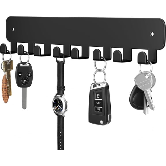 Key Holder Wall Mount, Adhesive Key Rack with 8 Hooks Hanger for Car Key Ring, Metal Key Chain Organizer, Black 1 Pack
