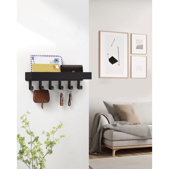Key Holder Wall Mount Adhesive Magnetic - Hanging Key Hooks with Mail Organizer - Keys Hanger Rack with Shelf for Entryway Door Decor Black