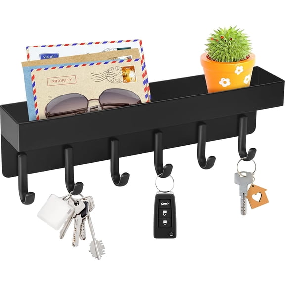 Key Holder Wall Mount, Compact Adhesive Key Rack with Tray, 6 Hooks, 2 Mount Options, Black