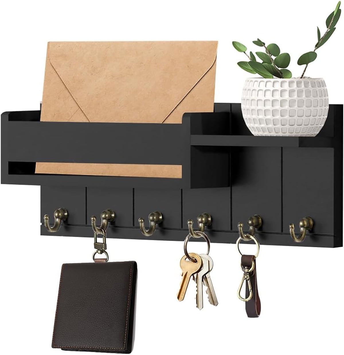 Key Holder Wall Mount, OGEDNAC Wooden Key Rack and Mail Organizer with 6 Hooks, Shelf for Living Room Decor, Rustic Farmhouse Home Entryway