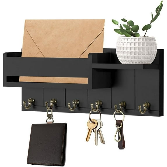 Key Holder Wall Mount, OGEDNAC Wooden Key Rack and Mail Organizer with 6 Hooks, Shelf for Living Room Decor, Rustic Farmhouse Home Entryway