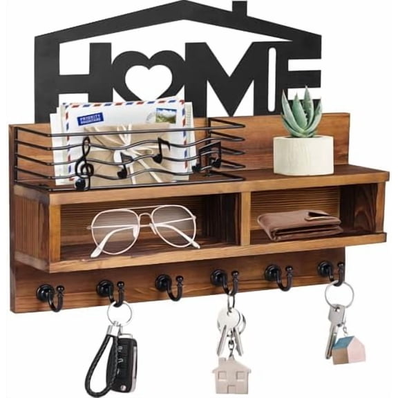 Key Holder Wall Mount, Decorative Wooden Mail and Key Organizer with Storage Basket and Shelf, 2 Compartments, 6 Hooks, Brown