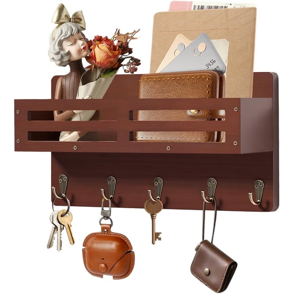 Key Holder Wall Mount Farmhouse Key Hooks for Wall with Mail Organizer Decorative Key Rack with 5 Sturdy Hooks for Dog Leash, Sunglasses, Rustic, Paulownia Key Hanger for Entryway