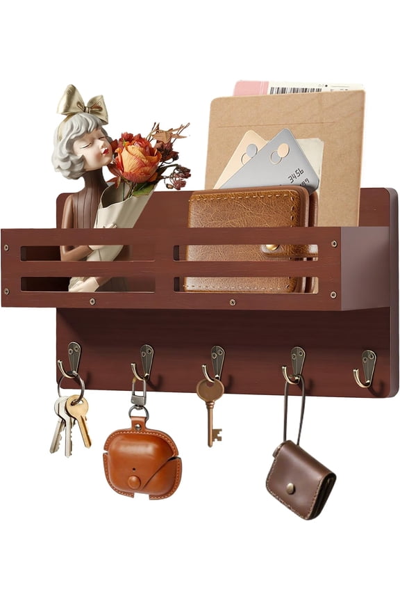 Key Holder Wall Mount Farmhouse Key Hooks for Wall with Mail Organizer Decorative Key Rack with 5 Sturdy Hooks for Dog Leash, Sunglasses, Rustic, Paulownia Key Hanger for Entryway
