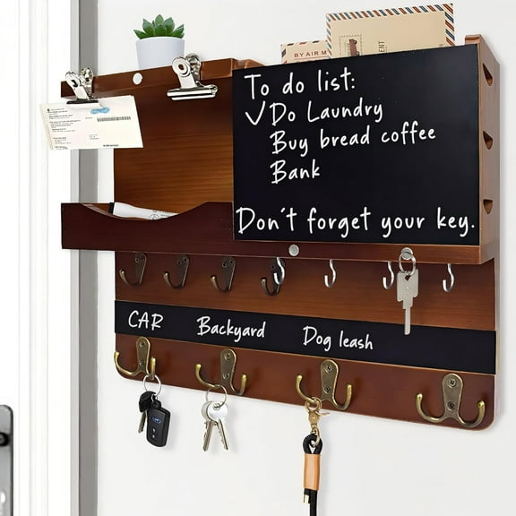 Key Holder for Wall Mount, Farmhouse Mail and Key Holder for Wall Hanger with ‌Various‌ Hooks, Home Decor Rack with Chalkboard and Shelf(Pine Wood, Brown)