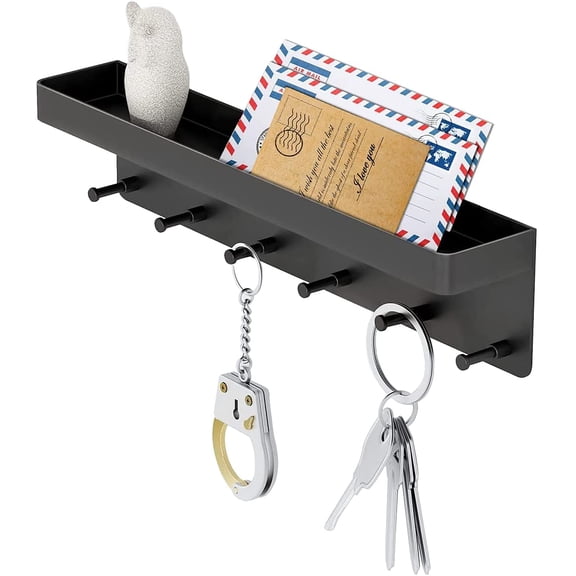 Key Holder Wall Mount, Key Holder Wall Mount Adhesive with Mail Organizer Tray with 6 Key Hooks for Wall, Black