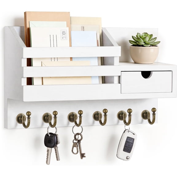 Key Holder Wall Mount: Key and Mail Holder for Wall with 6 Hooks and Storage Drawer, Easy Installation Key Rack for Entryway Home Decor (A-White)