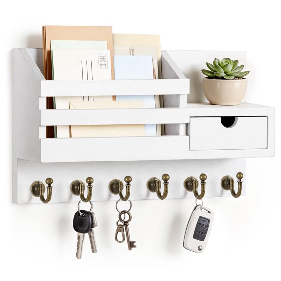 Key Holder Wall Mount: Key and Mail Holder for Wall with 6 Hooks and Storage Drawer, Easy Installation Key Rack for Entryway Home Decor
