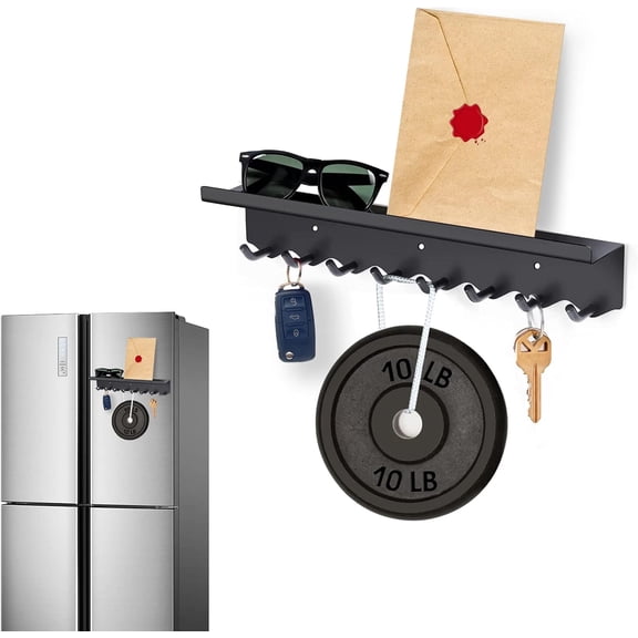 Key Holder Wall Mount, Magnetic Key Hooks and Mail Organizer Tray with 8 Hooks, Adhesive Key Rack Hanger for Entryway, Refrigerator, Black