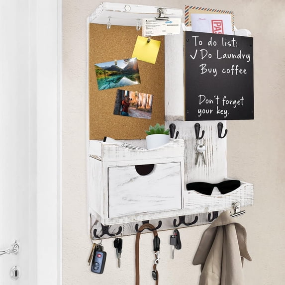 Key Holder Wall Mount, Mail Organizer Key Holder for Wall with Shelf, Drawer, Chalkboard, Corkboard, Home Decor Wall Mounted for Room Entryway(Whitewashed)