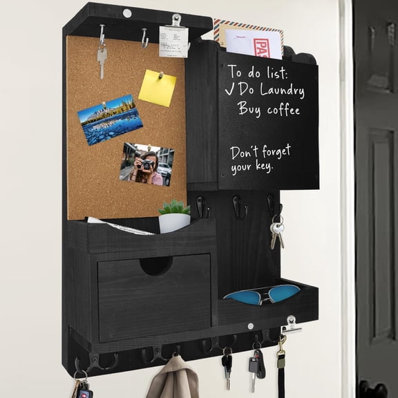 Key Holder Wall Mount, Mail Organizer Key Holder for Wall with Shelf, Drawer, Chalkboard, Corkboard, Home Decor Mounted for Room Entryway (Black)