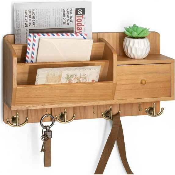 Key Holder Wall Mount with Mail Organizer - Modern Farmhouse Key and Mail holder for Wall with Wall Hooks and Drawer - Apartment Essentials for Home Decor Aesthetic(Light Brown)
