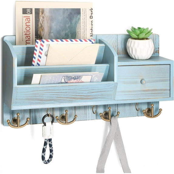 Key Holder Wall Mount with Mail Sorter - Decorative Mail and Key Organizer for Wall with Hooks and Drawer Organizer - Ideal Storage Solution for Home Improvement (Distressed Blue)