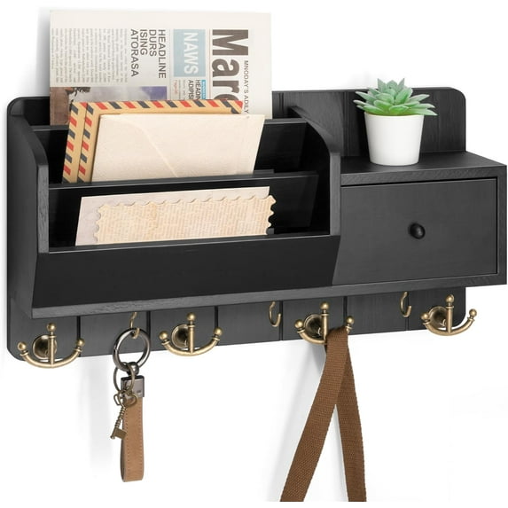 Key Holder Wall Mount with Mail Sorter - Decorative Mail Organizer for Wall with Key Hooks and Drawer Organizer - Modern Home Essentials for Room Decor (Black)
