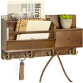 thumbnail image 1 of Key Holder Wall Mount with Mail Sorter - Modern Farmhouse Key and Mail Organizer with Hooks and Mini Drawer for Home Decor - Rustic Apartment Essentials for Home Improvement (Brown & Golden Hooks), 1 of 6
