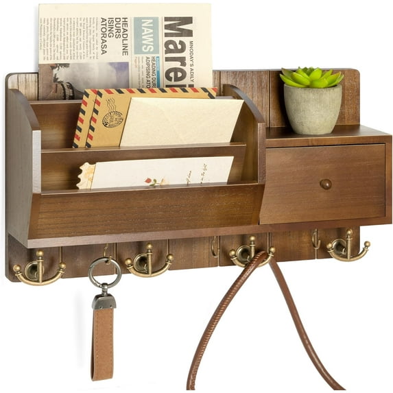 Key Holder Wall Mount with Mail Sorter - Modern Farmhouse Key and Mail Organizer with Hooks and Mini Drawer for Home Decor - Rustic Apartment Essentials for Home Improvement (Brown & Golden Hooks)