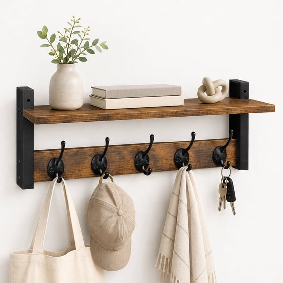 Key Holder Wall Mount with Shelf, Decorative Paulownia Wood Key Hanger and Mail Organizer with Large Key Hooks for Wall, Black Entryway Storage, 9.8 x 6.7 x 4.2 Inches
